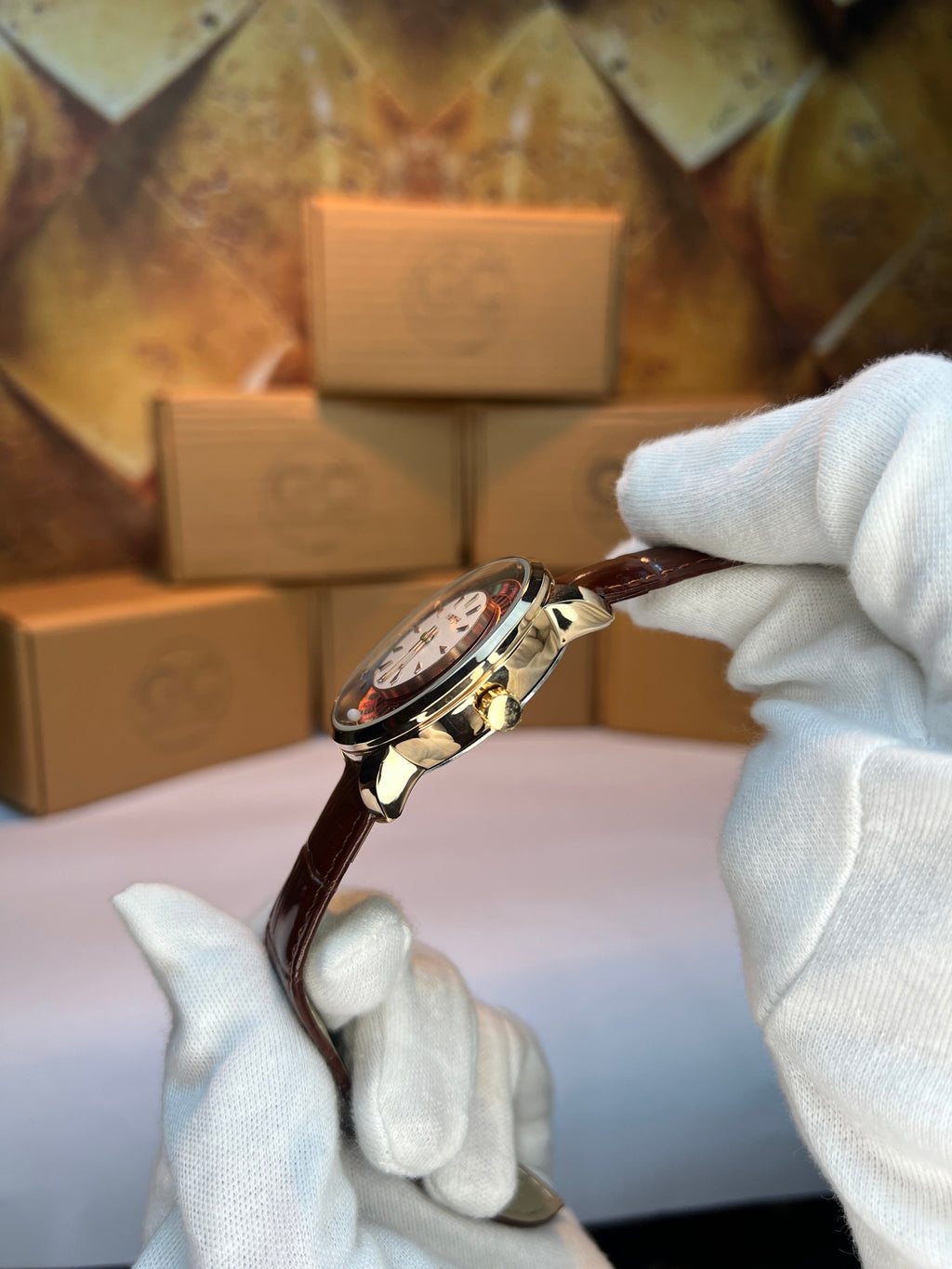 Casino Watch Rotatable White Dial-Brown Strap