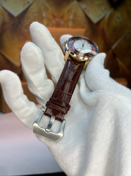 Casino Watch Rotatable White Dial-Brown Strap