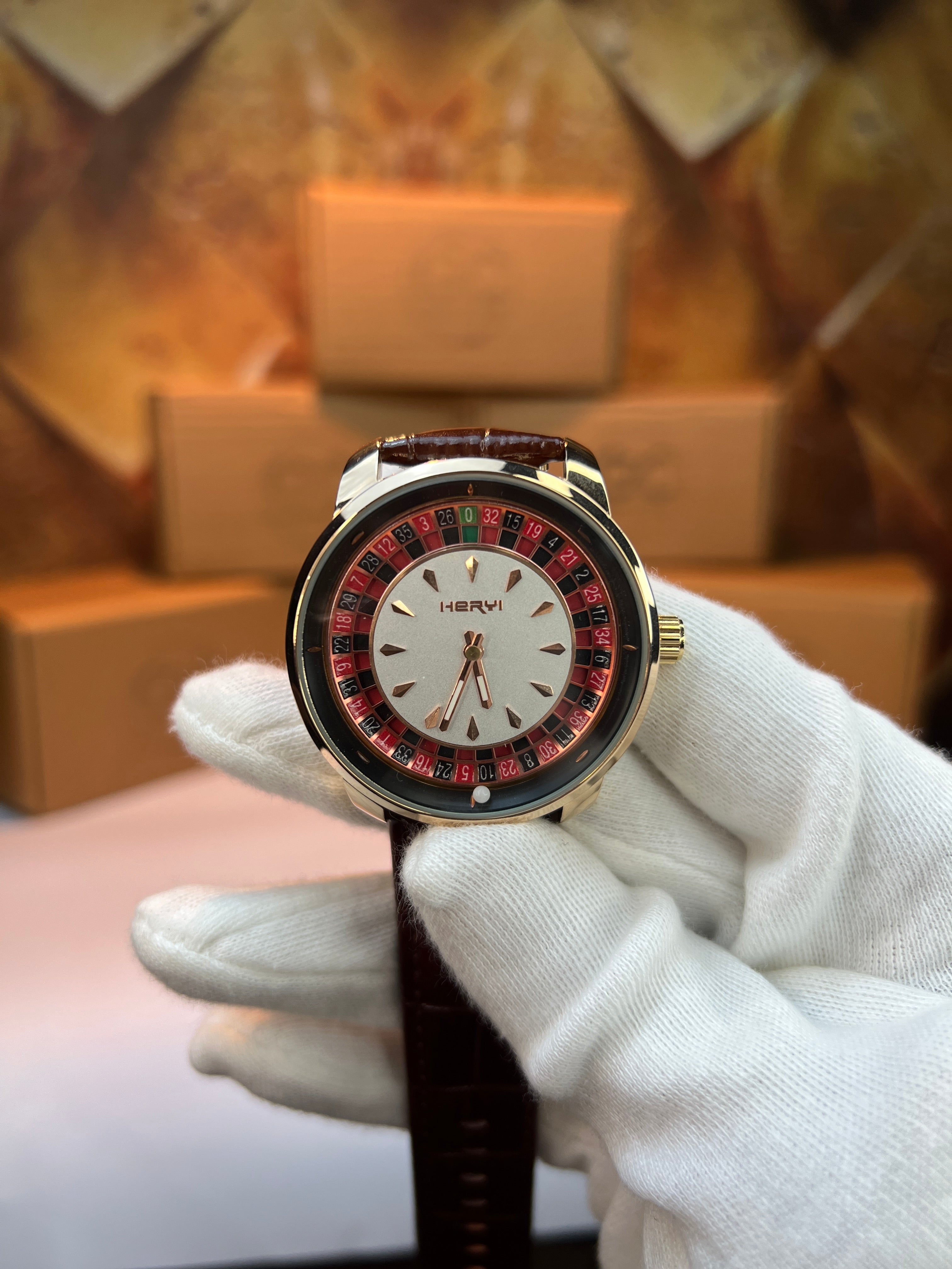 Casino Watch Rotatable White Dial-Brown Strap