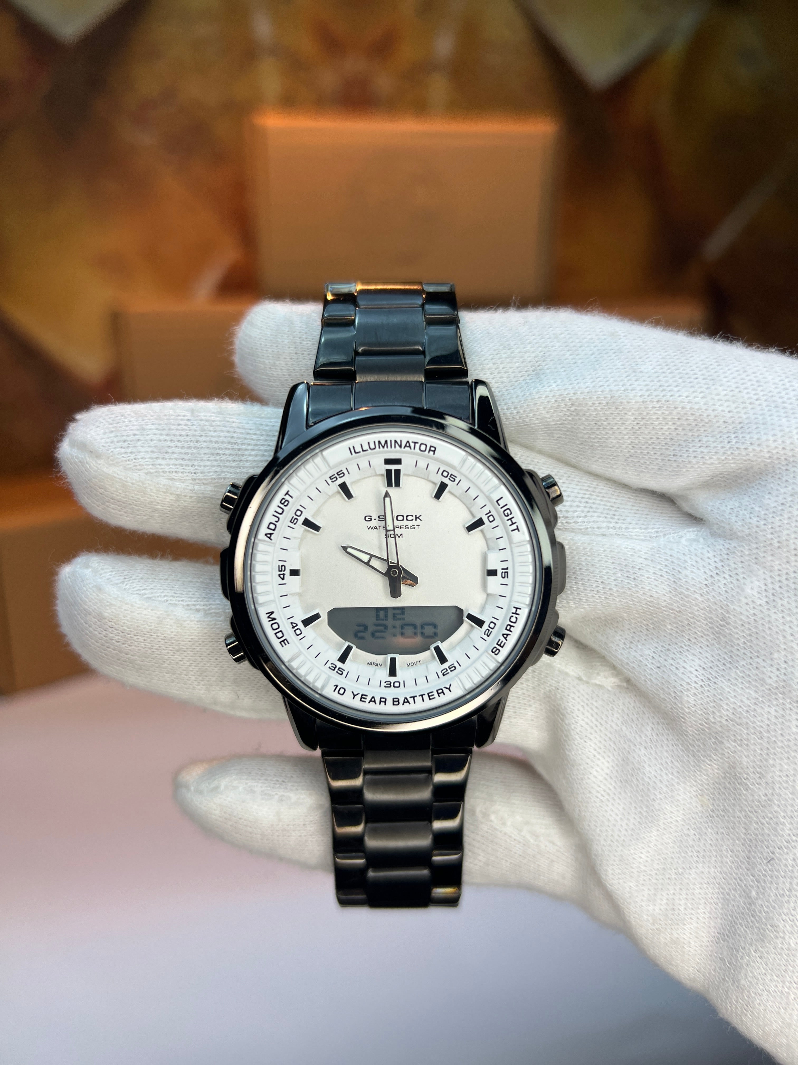 G-Shock Black Metal Analog-Digital Watch – White Dial