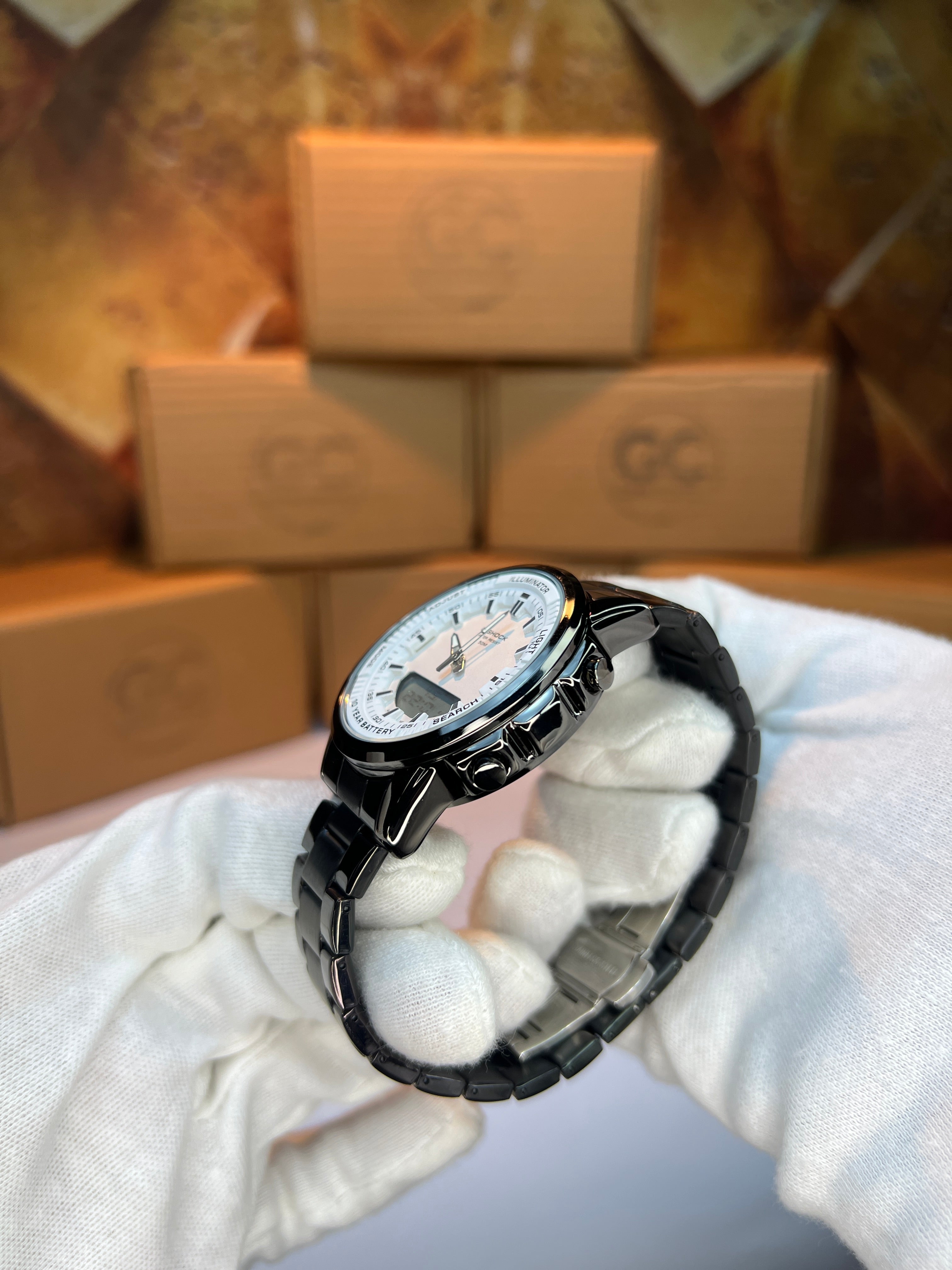 G-Shock Black Metal Analog-Digital Watch – White Dial